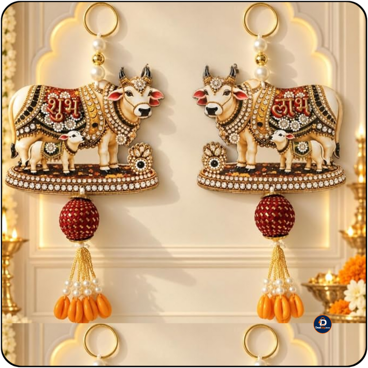 Shubh Labh Cow and Calf Door Hanging Pair – Traditional Hindu Home Entrance Decoration