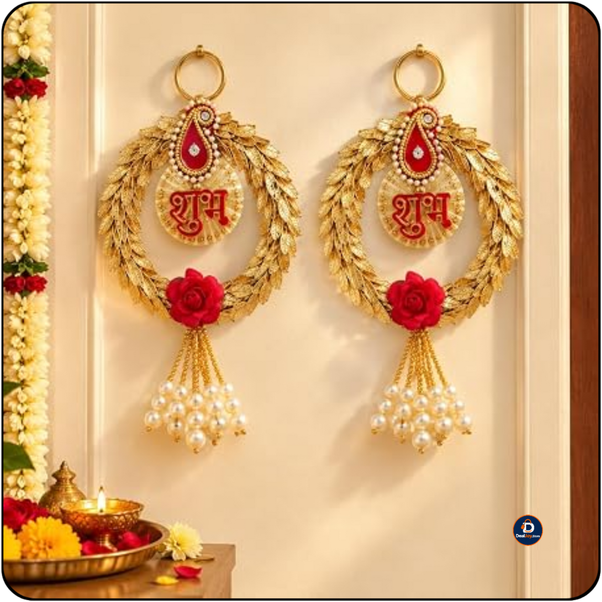 Golden Shubh Door Hanging Pair – Red Rose Aur Pearl Latkan Wali Traditional Door Decoration
