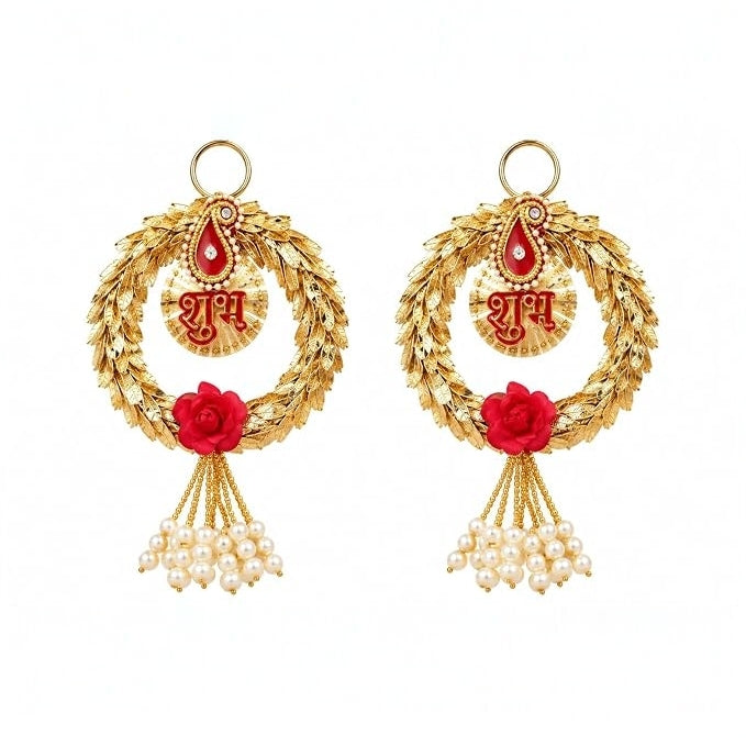 Golden Shubh Door Hanging Pair – Red Rose Aur Pearl Latkan Wali Traditional Door Decoration